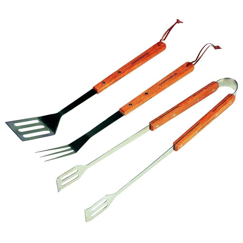 SET SPATOLA FORCHETTA PINZA MANICO IN LEGNO