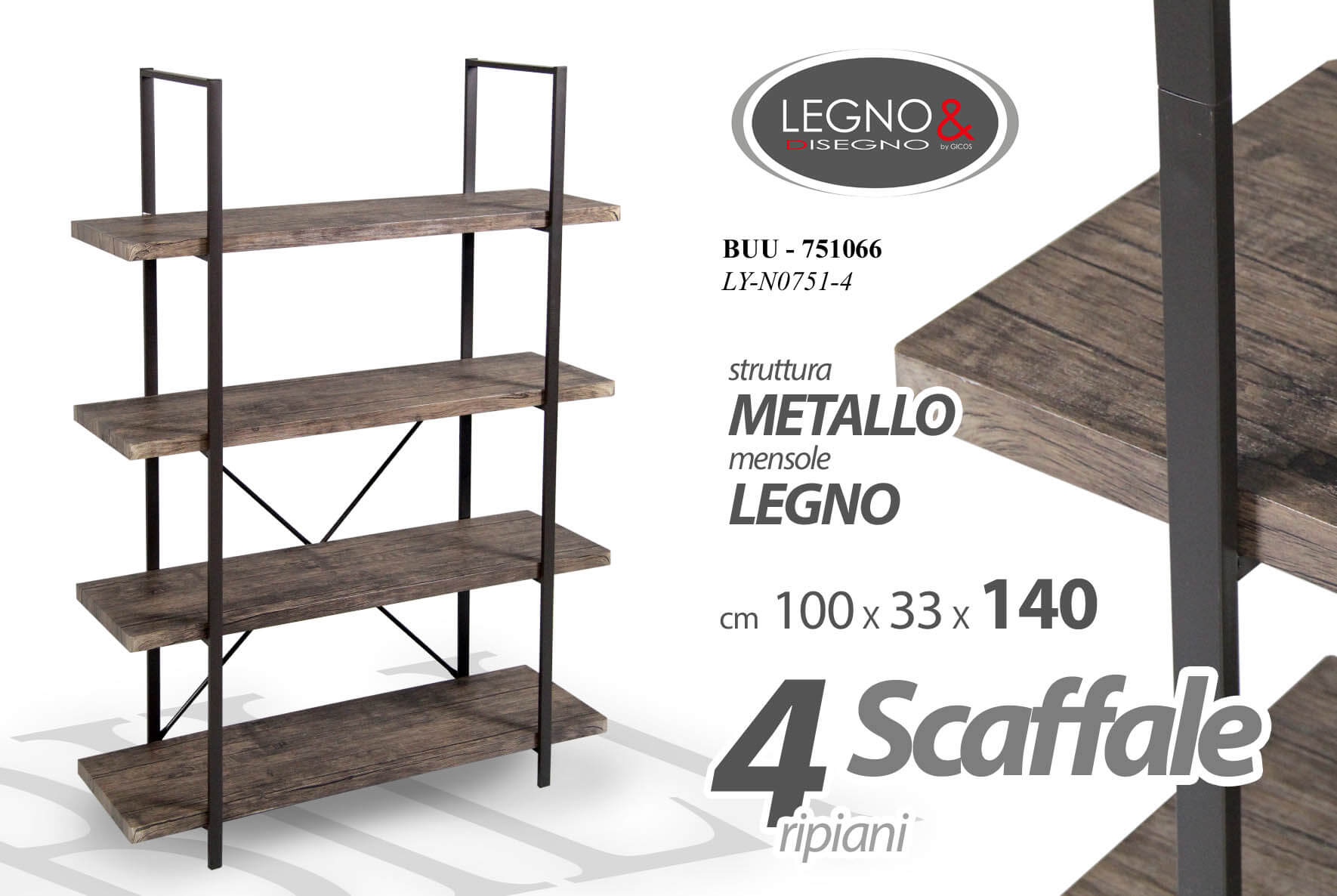 SCAFFALE 4RIPIANI IN LEGNO CM.100X33X140