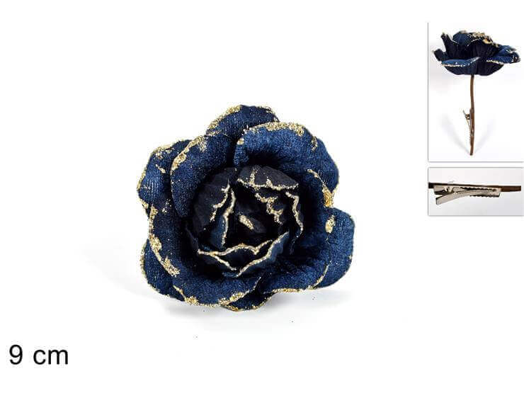 ROSA CON PINZETTA CM.9 BLUE/ORO GLITTER