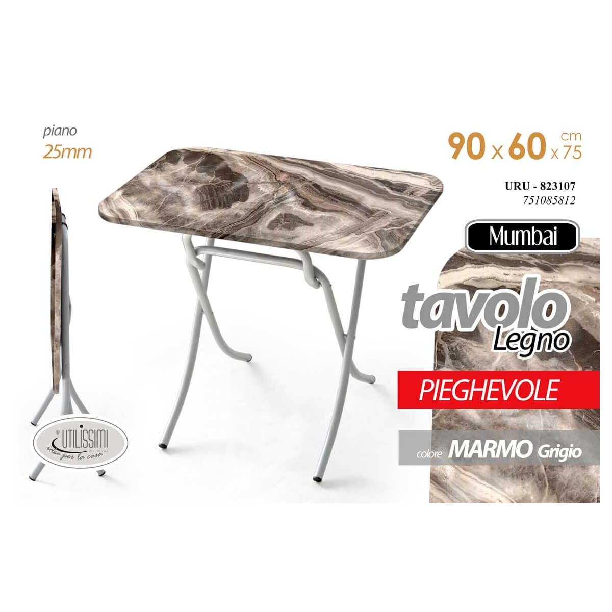 TAVOLO PIEGHEVOLE CM. 90X60X75H GRIGIO MARMO