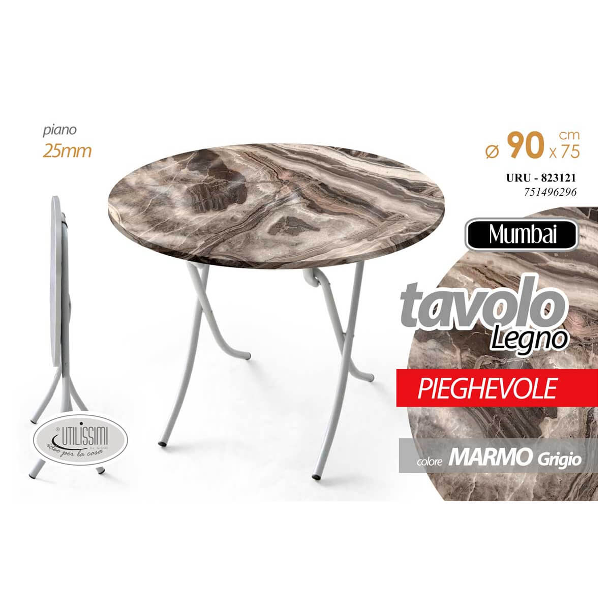 TAVOLO PIEGHEVOLE DM. 90X75H GRIGIO MARMO