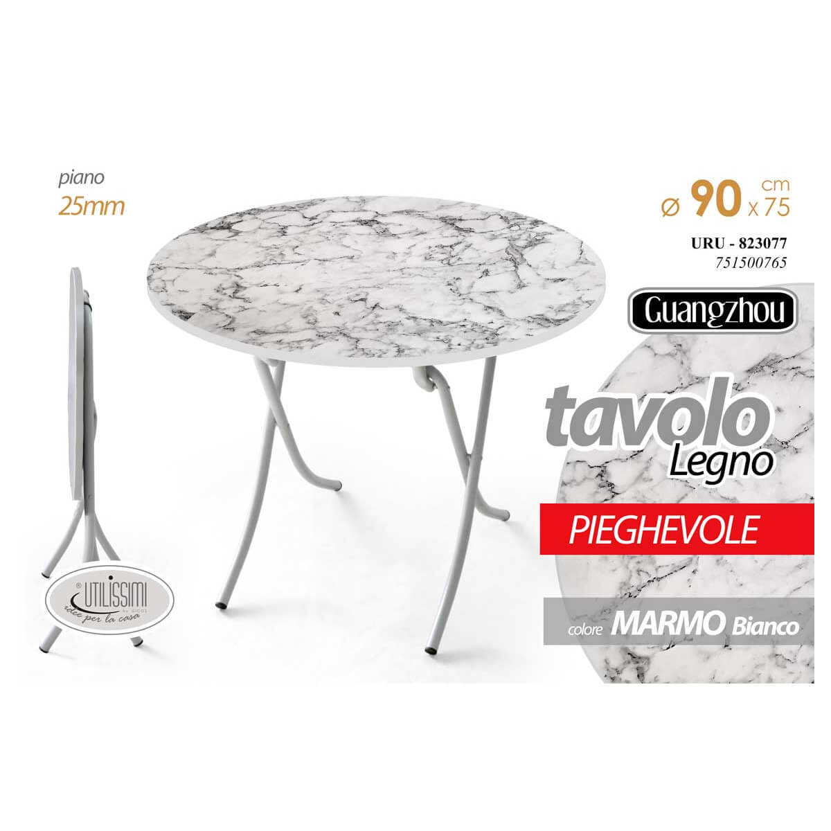 TAVOLO PIEGHEVOLE DM. 90X75H BIANCO MARMO