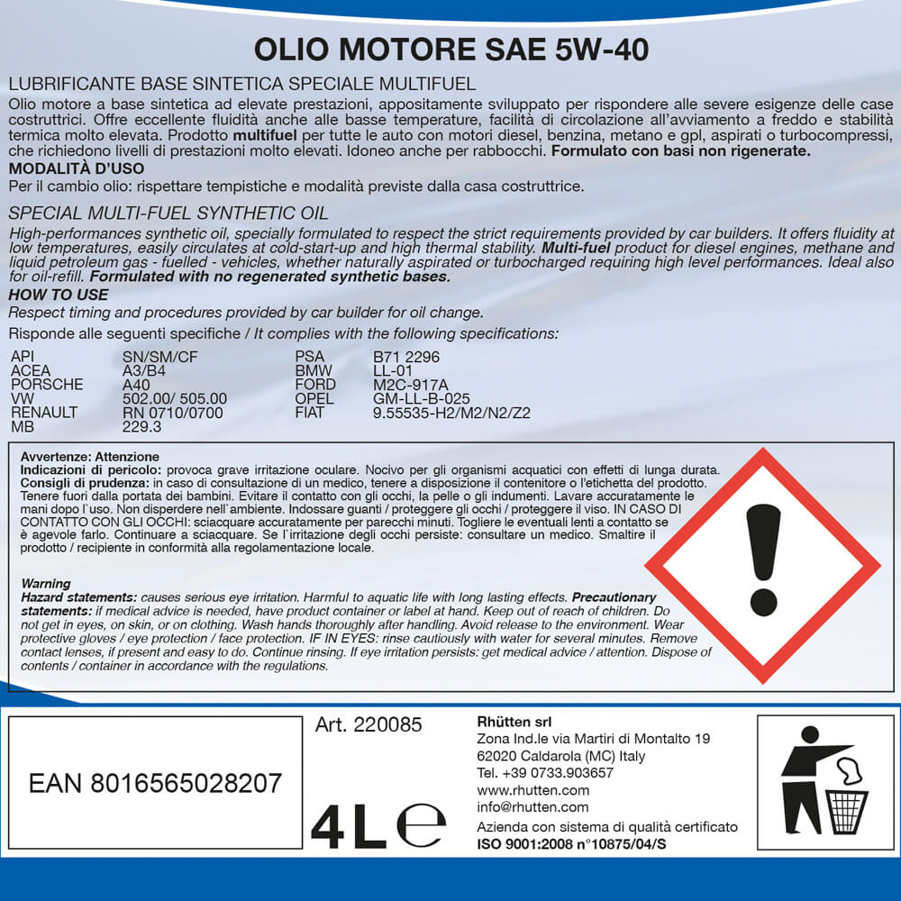 OLIO MOTORE RHUTTEN 5W-40 LT.4