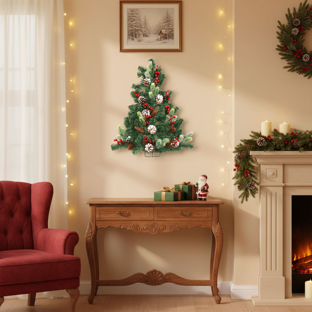 ALBERO DI NATALE A PARETE CM.66 C/PIGNE E BACCHE