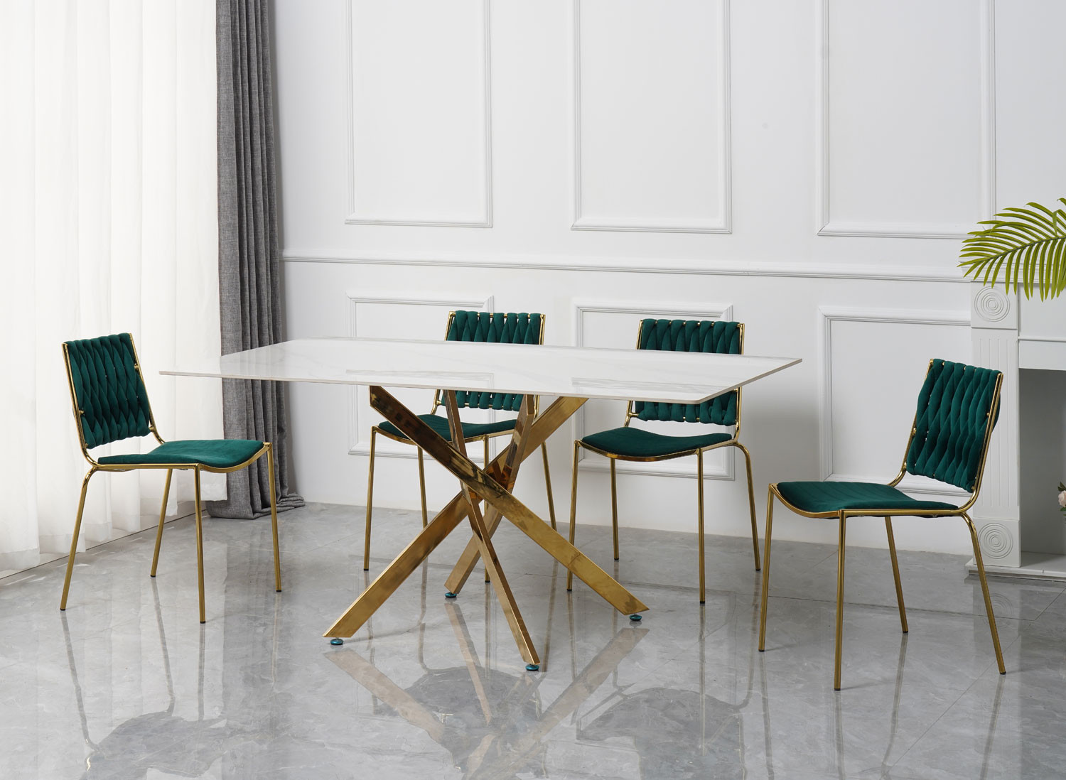 SET TAVOLO+4SEDIE CM.160X90X75H BASE ORO/VERDE