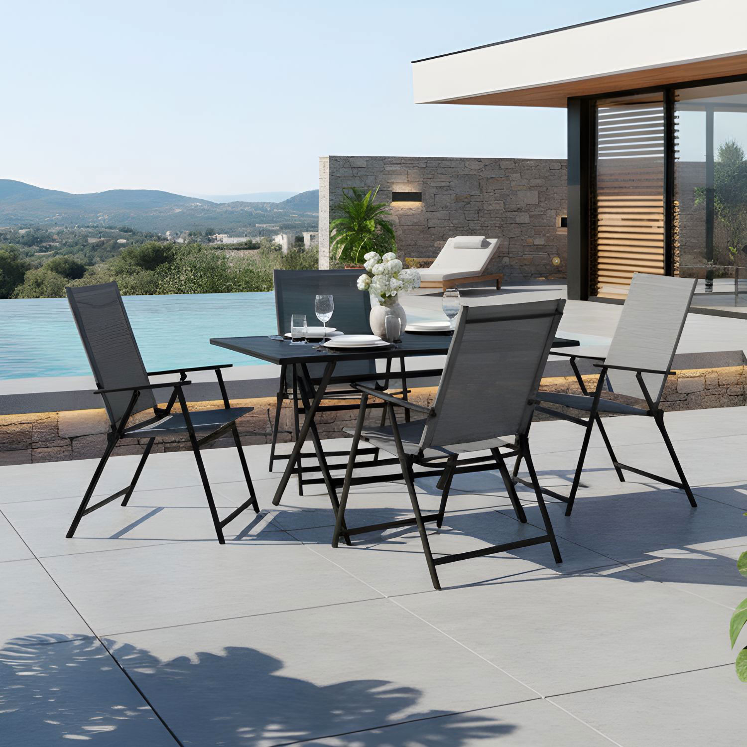 SET TAVOLO C/4 SEDIE PIEGHEVOLE TEXTILENE GRIGIO S