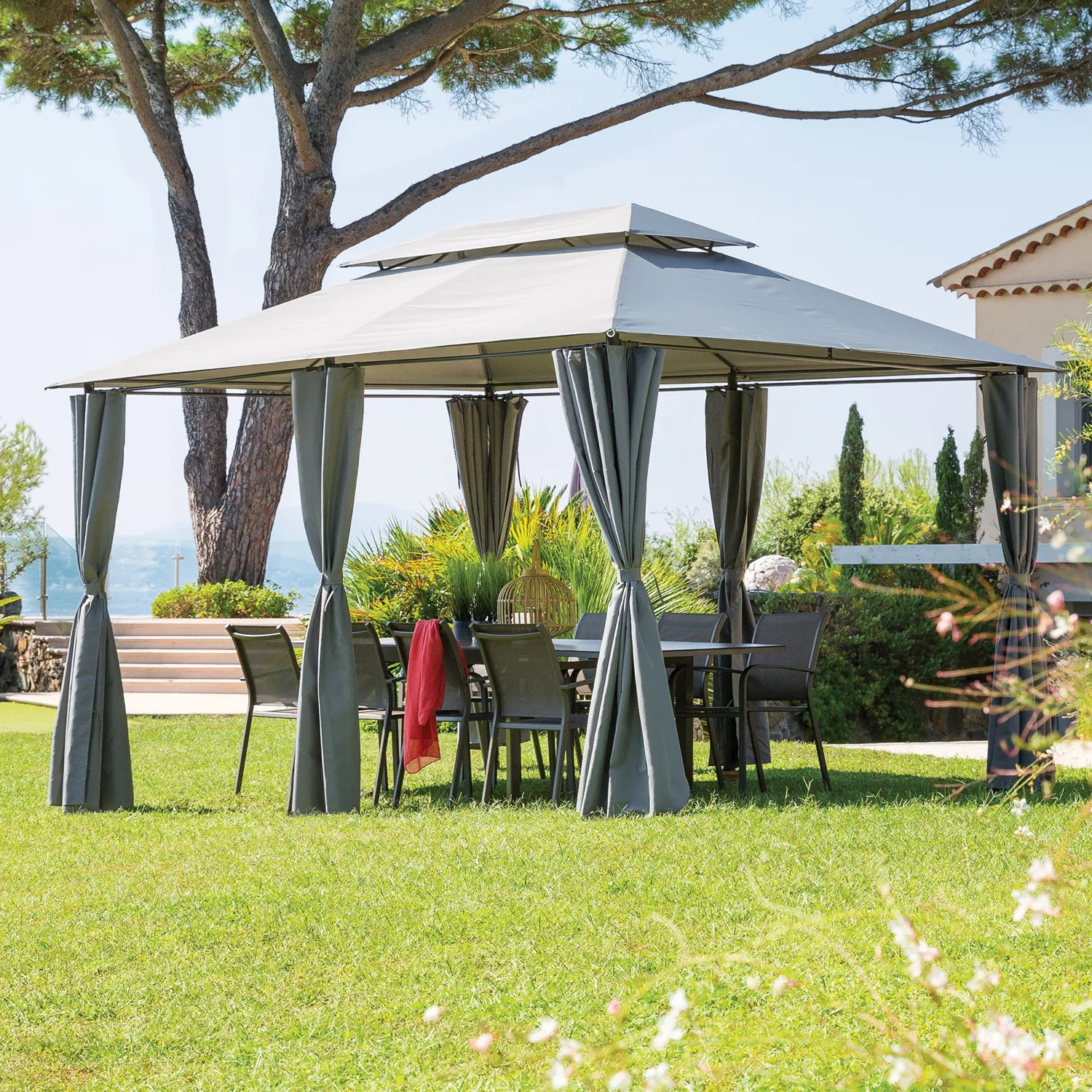 GAZEBO THIRA IN FERRO 4X3M ARDESIA CON TENDE LATER