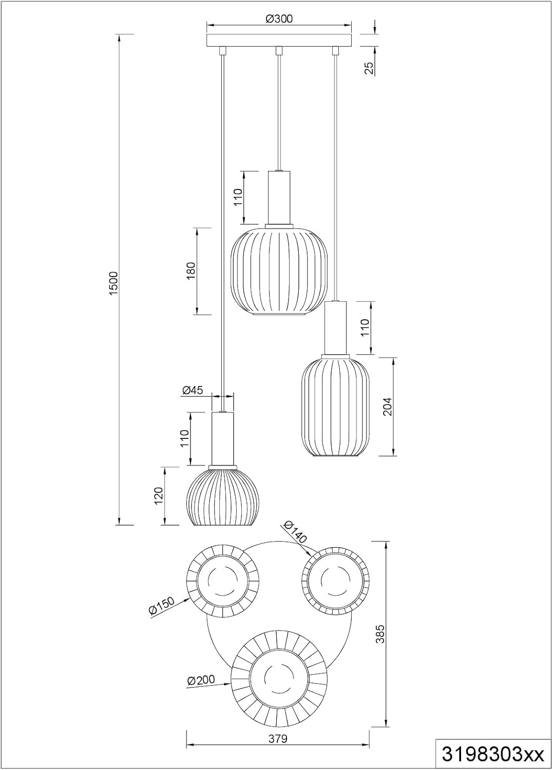 DIVA SOSP.3VTR D.30 E27 OTTONE SATINATO