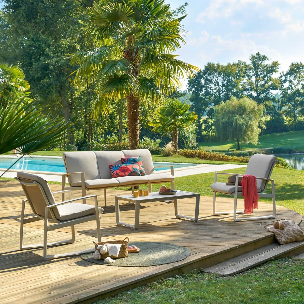 SALOTTO ALLUMINIO 3 POSTI LINO ARGILLA