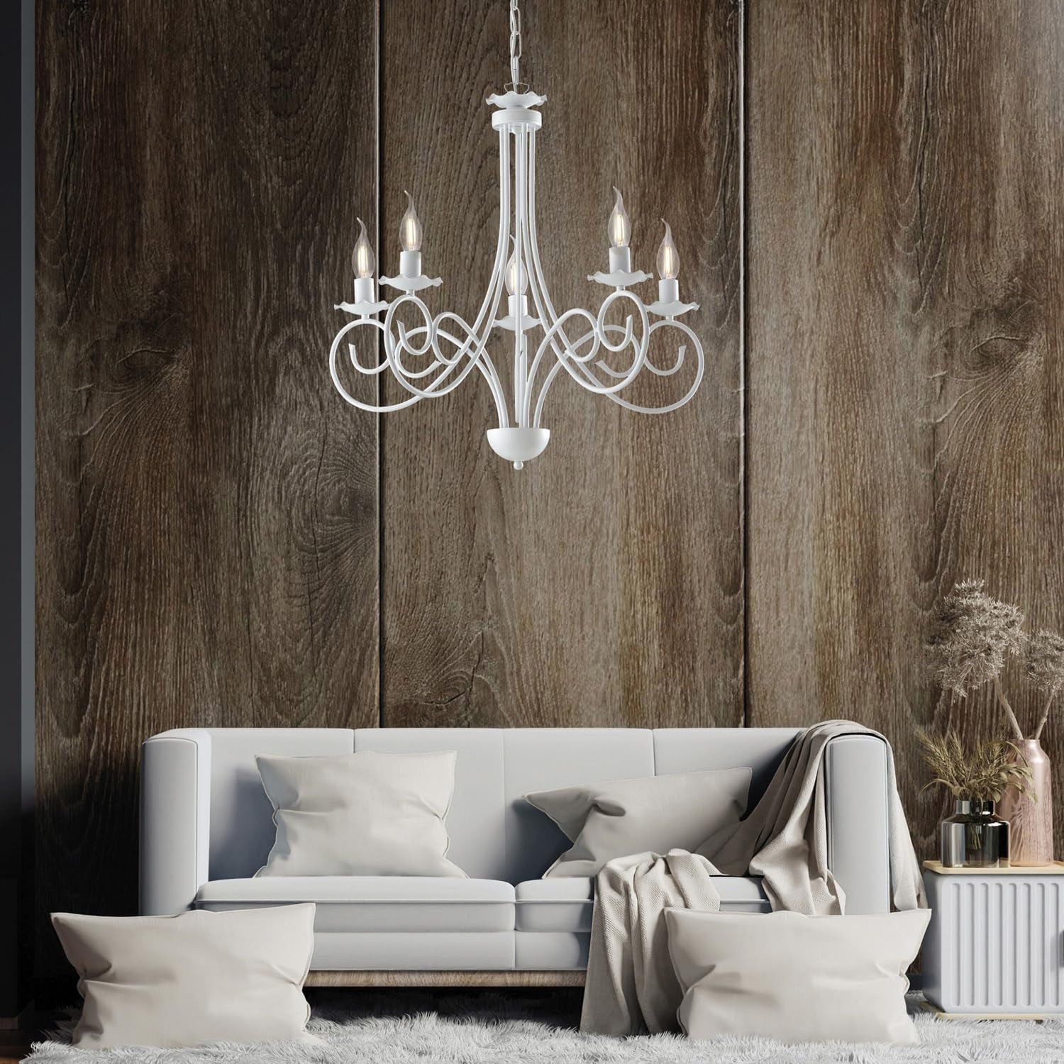 LAMPADARIO IN FERRO 5XE14 42W D.120 BIANCO SHABBY