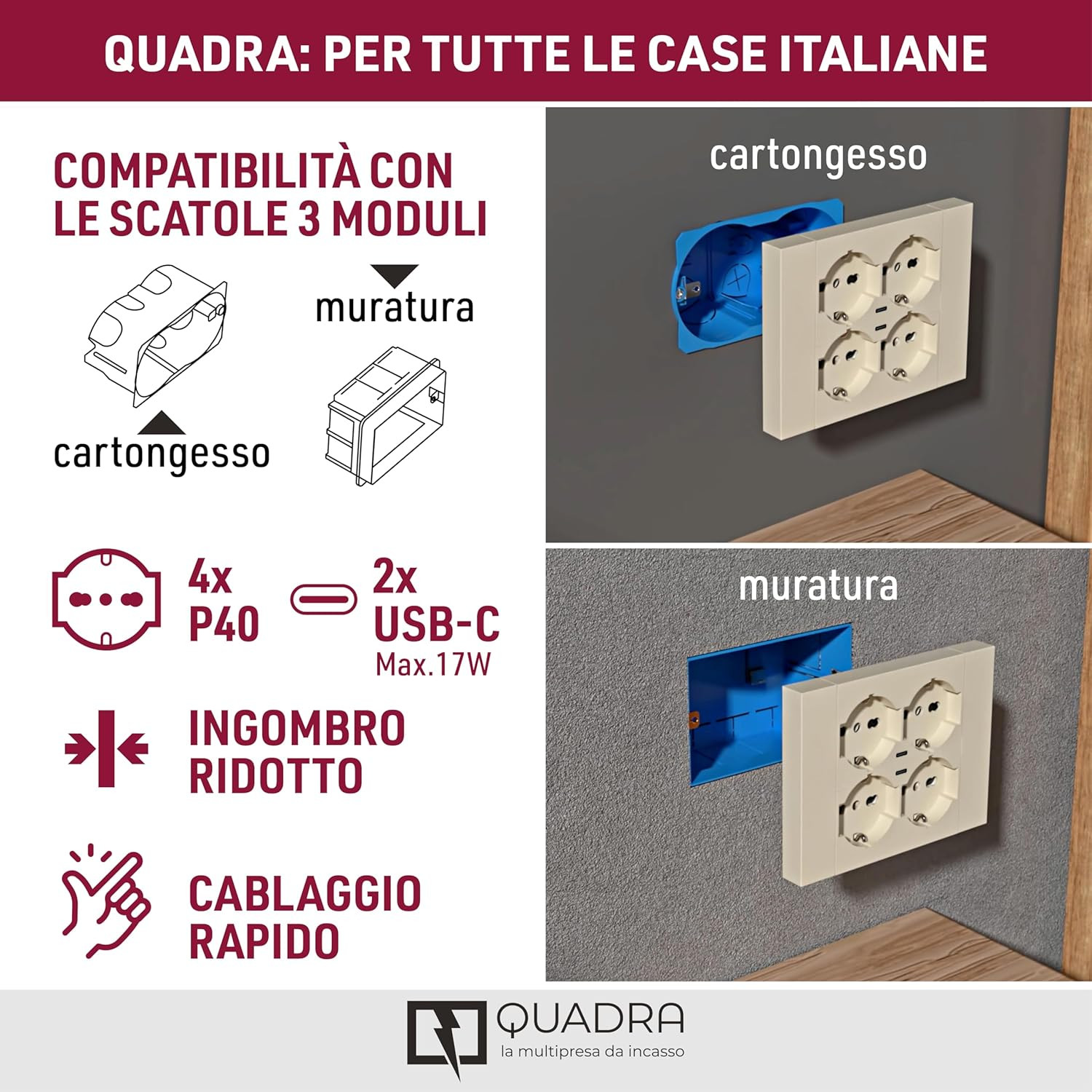 MULTIPRESA INCASSO 4PRESE 2USB BIANCO