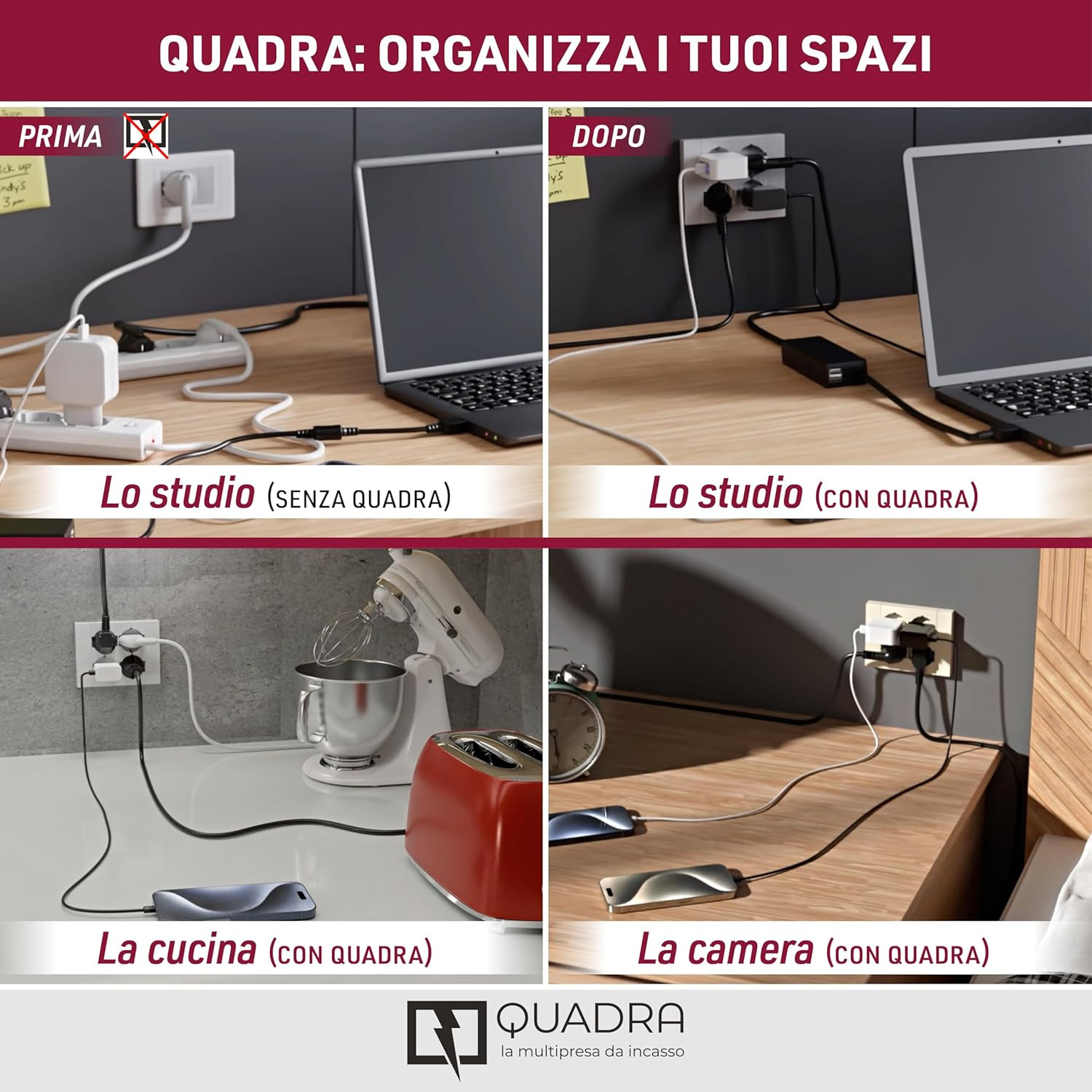 MULTIPRESA INCASSO 4PRESE 2USB NERO