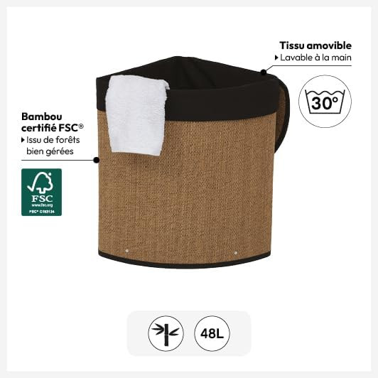 CESTO PER BIANCHERIA ANGOLARE 48L.BAMBU