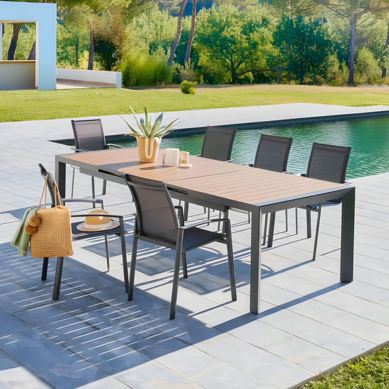 TAVOLO CM.214-274X110 CON 6 POLTRONE GRAFITE