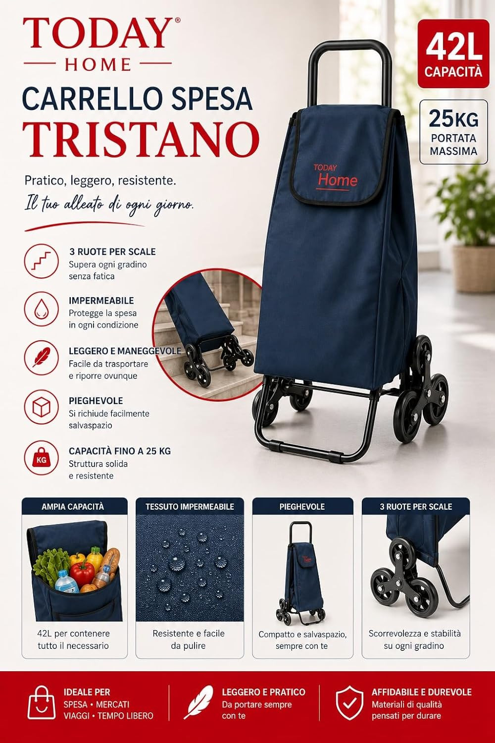CARRELLO SPESA TRISTANO 3RUOTE H.52