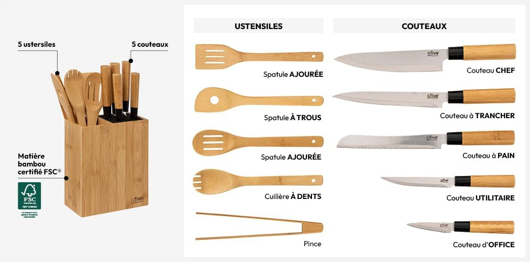 CEPPO 5 COLTELLI+5 UTENSILI BAMBU'
